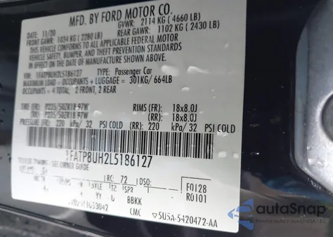 2020 Ford Mustang Ecoboost Premium z USA, uszkodzony, nr VIN 1FATP8UH2L5186127